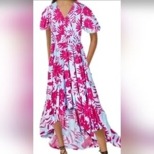 Abel The Label Blue & Pink Floral Midi Dress M Boho Flowy Resortwear Vibrant